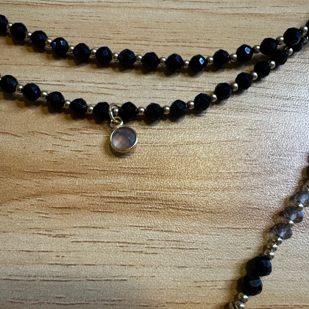 Set of 2 Gold Filled, Black Spinel & Smokey Quartz Layering Necklaces - Picture 2 of 5